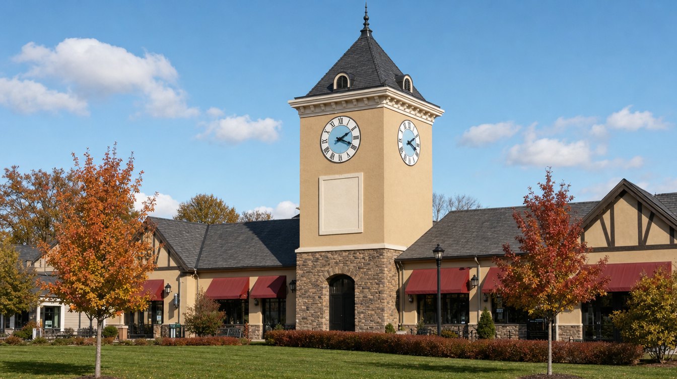 The tan stucco clock tower with a dark pyramid roof and blue-centered clocks in Lovettsville, seen across Town Square Park in fall