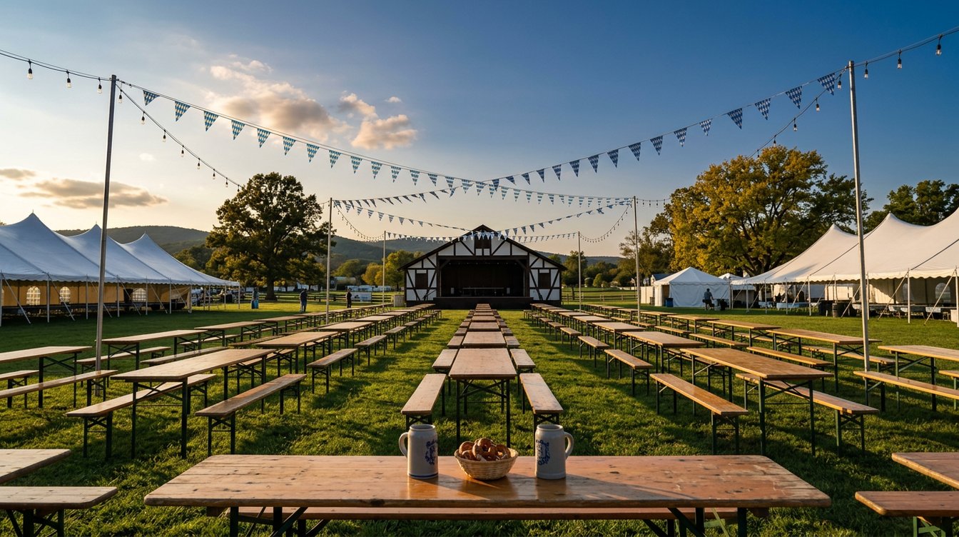 Long wooden beer-garden tables and benches set out on the Lovettsville town green before Oktoberfest, under strings of lights and blue and white pennants, with big white tents on both sides and a half-timbered stage at the end