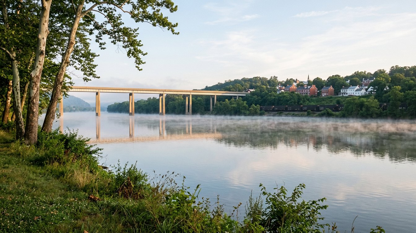 The Potomac River at dawn with mist on the water, a long concrete bridge on tall piers crossing to Brunswick, Maryland, where brick houses climb a wooded hill, seen from the leafy Virginia bank