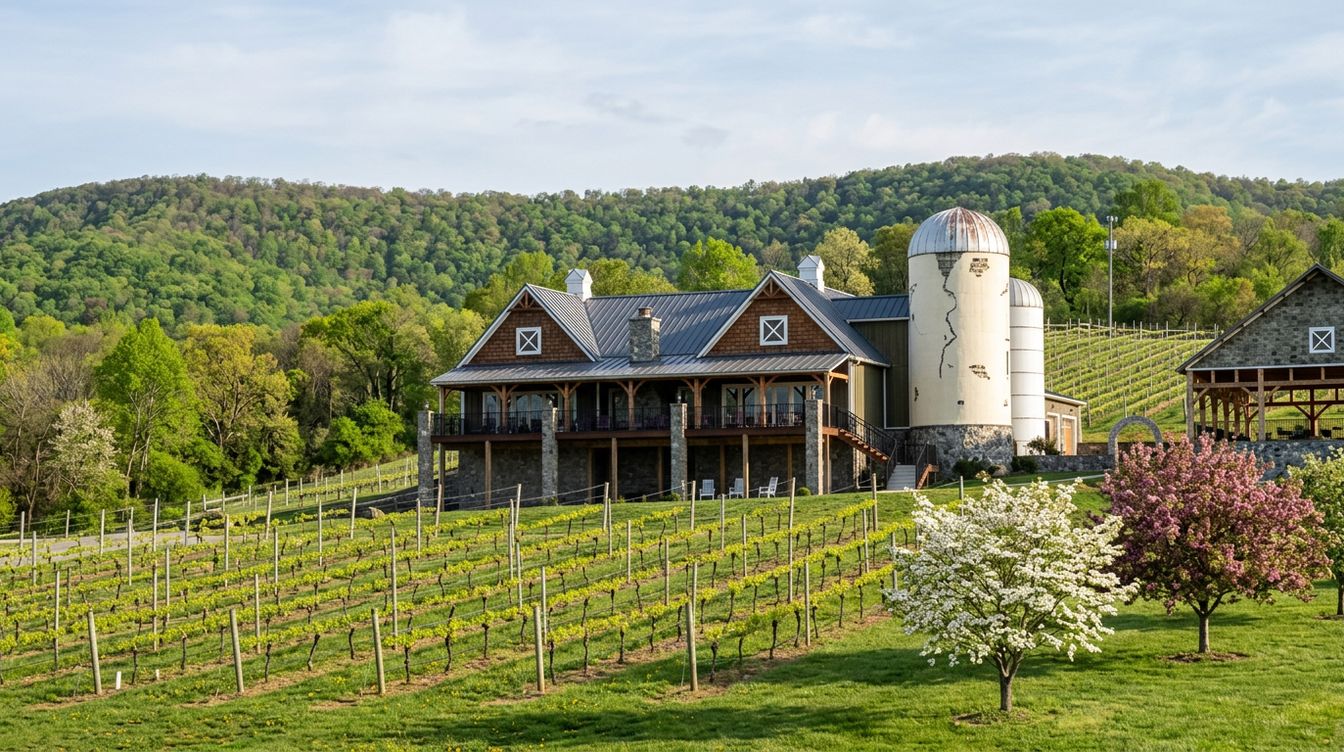 A stone and shingle winery building with a long porch and two white silos above young grapevines in spring leaf, with a white dogwood and a pink redbud in bloom and a wooded ridge behind