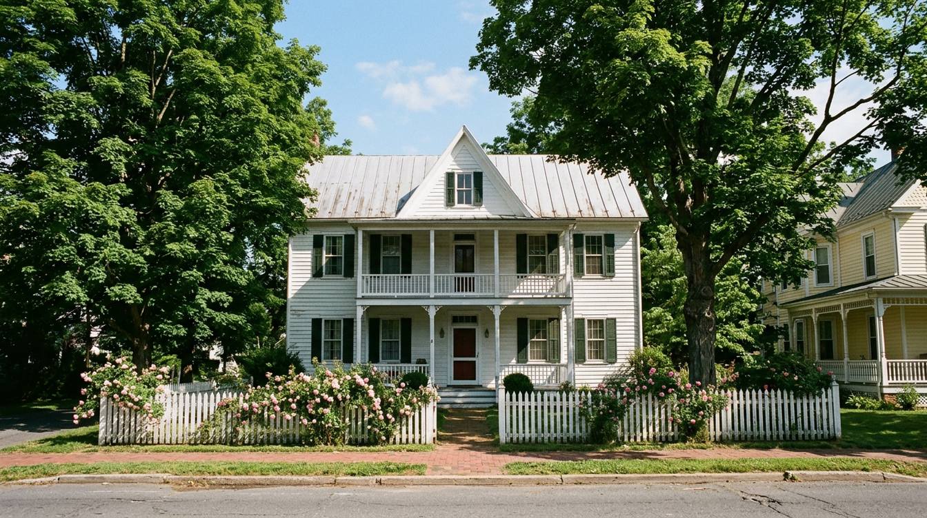 A white two-story farmhouse-style house with green shutters, a metal roof, a center gable and a double front porch behind a white picket fence and climbing roses, under big shade trees on a sunny June day