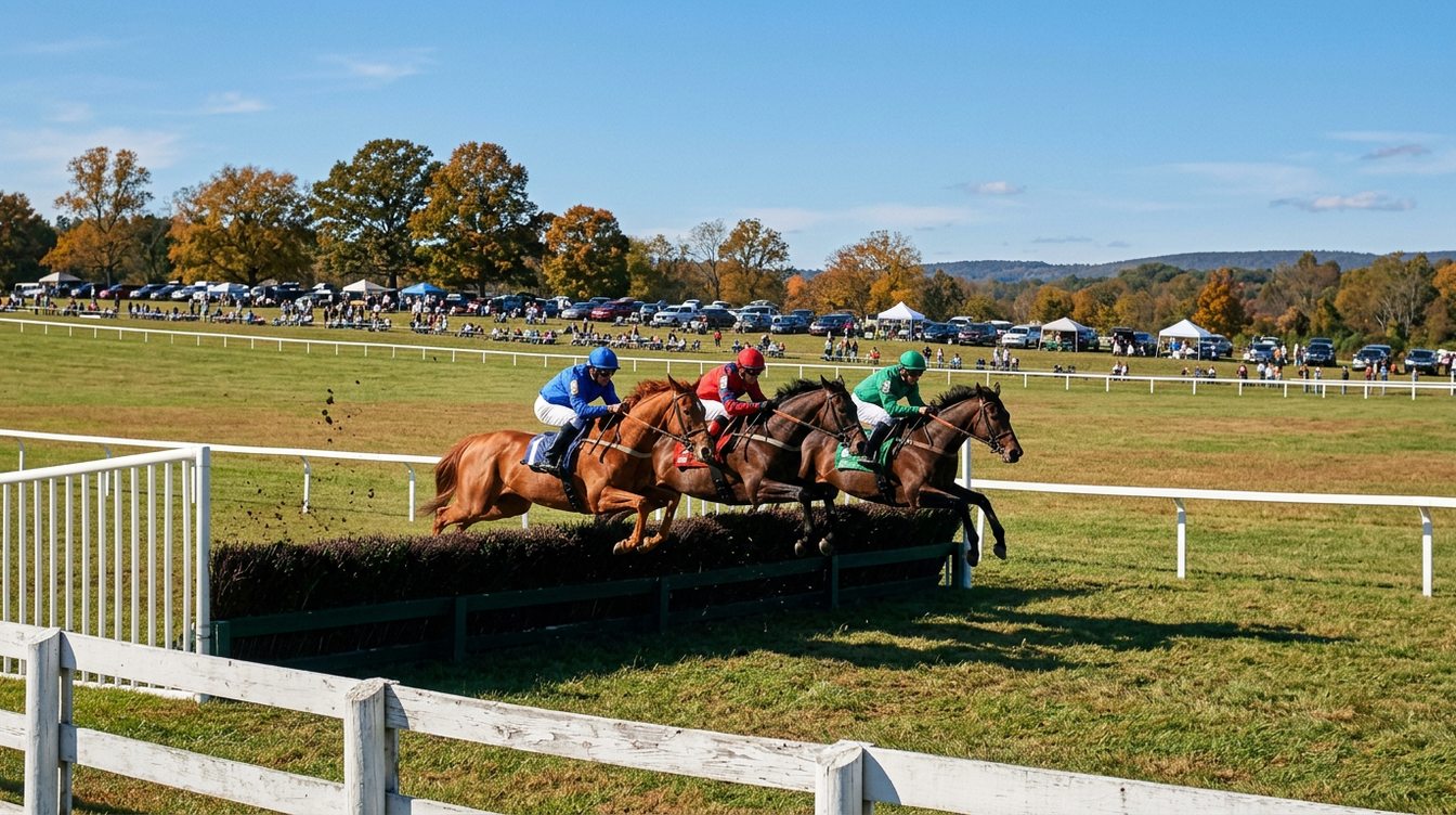 Three steeplechase horses clearing a brush hurdle together at the Virginia Fall Races on a bright October afternoon, with white rails, a rolling green course, white tents and parked cars on the far side and oaks turning gold