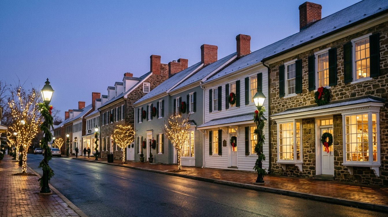 Washington Street in Middleburg at dusk in December, a row of stone, brick and clapboard shopfronts with wreaths on the doors and windows, glowing windows, black lamp posts wrapped in greenery and street trees strung with white lights