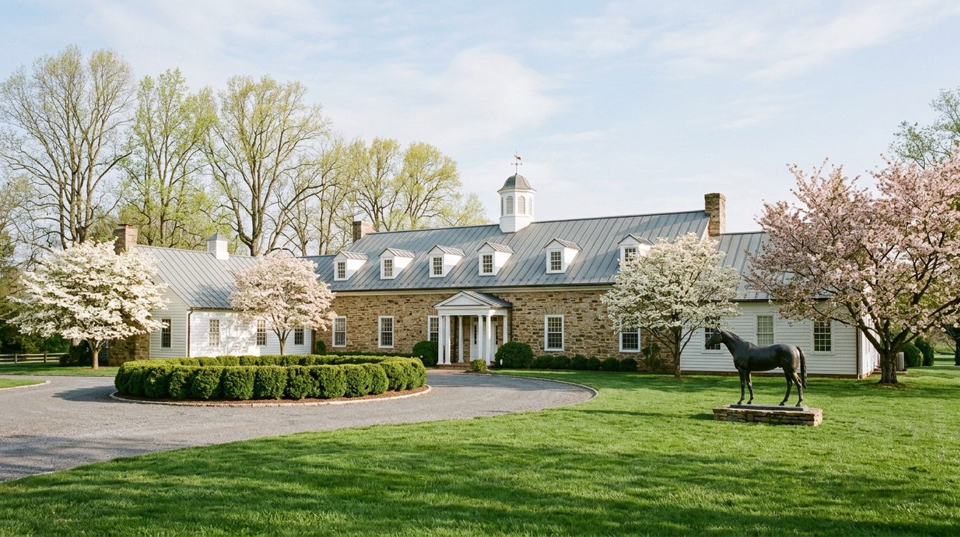 A long stone and white clapboard building with a metal roof, dormers and a cupola, behind a circular gravel drive, a ring of boxwood and a bronze horse statue on the lawn, with dogwoods and cherries in spring bloom