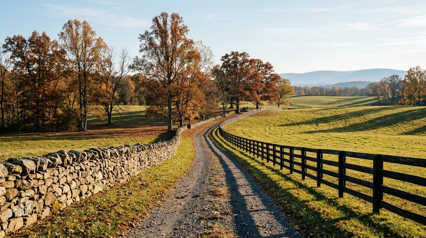 A gravel lane curving through rolling pasture outside Middleburg in late October, between a dry-stacked fieldstone wall and a black four-board fence, under oaks and tulip poplars in amber and rust, with the Bull Run Mountains in blue haze