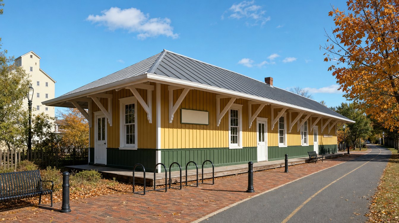 The mustard-yellow Purcellville train station with deep white-braced eaves beside the W&OD Trail, the old mill behind, in fall