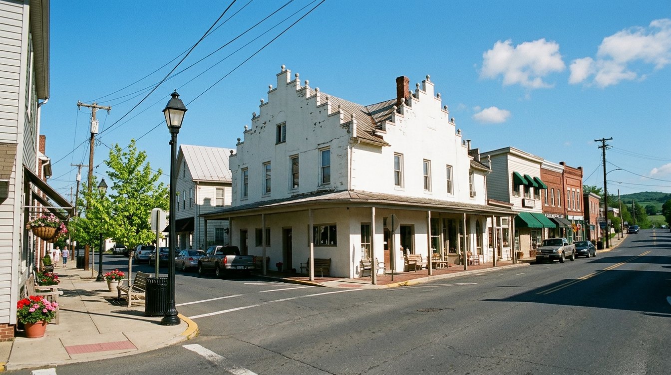 North 21st Street in old downtown Purcellville on a late-spring morning, with the white two-story building with a stepped gable and a long porch on the corner, small brick and clapboard shops with green awnings, a black lamp post and green hills at the end of the street