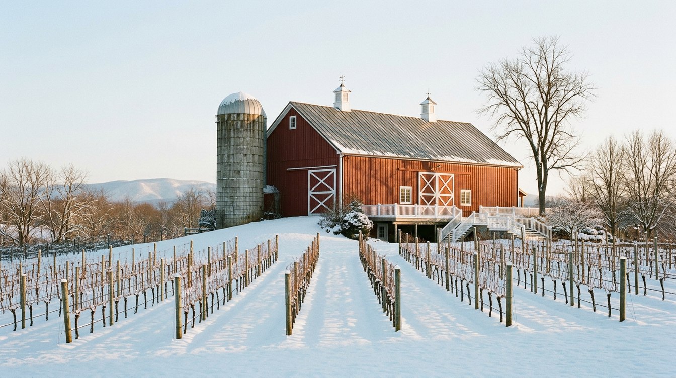 A big red bank barn with white X-braced doors, two white cupolas and a white-railed deck beside a tall concrete silo, above rows of dormant grapevines in fresh snow, with the Blue Ridge behind on a January morning