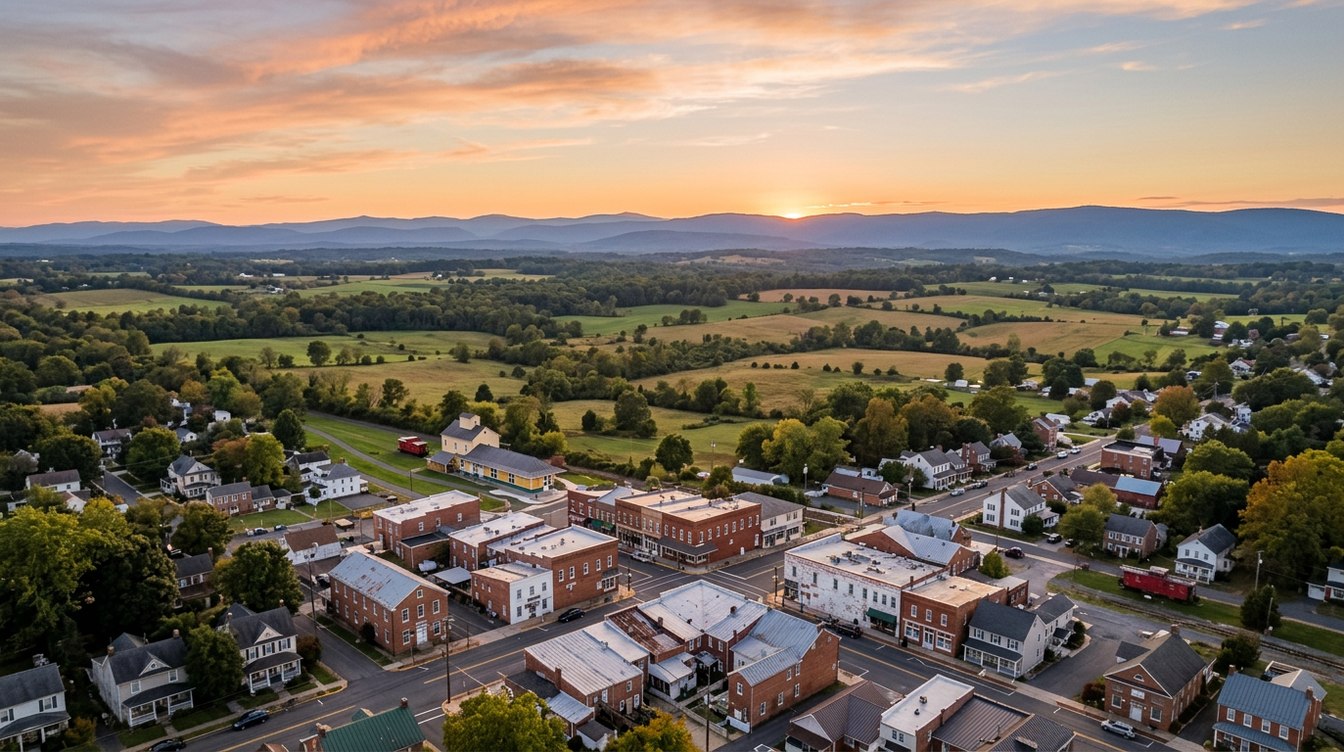 Downtown Purcellville from the air at sunset, brick blocks and old houses along the main streets, then open farmland running west to the Blue Ridge under an orange sky