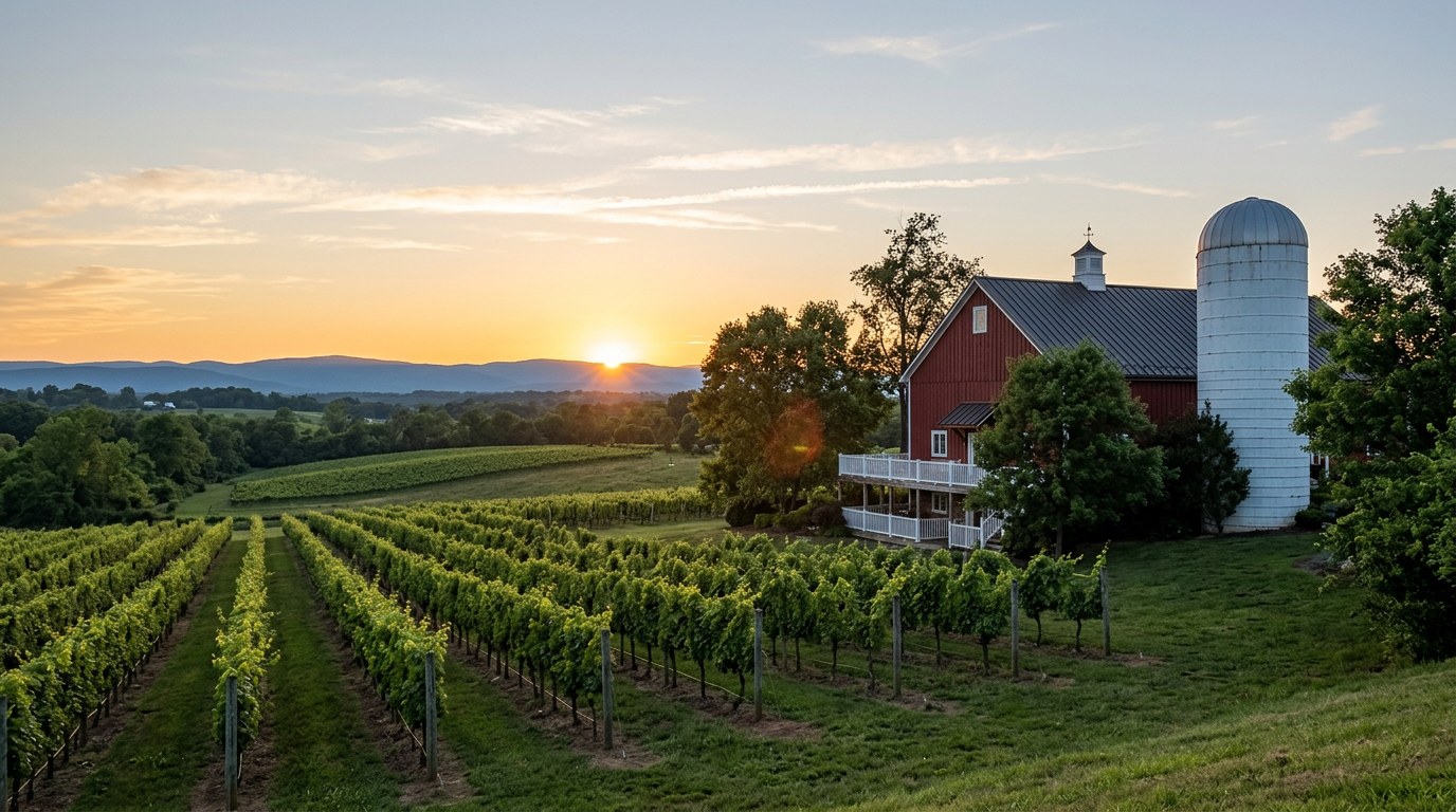 Rows of green vines at Sunset Hills Vineyard in June running toward the sun setting on the Blue Ridge, with a red bank barn and a white silo on the right