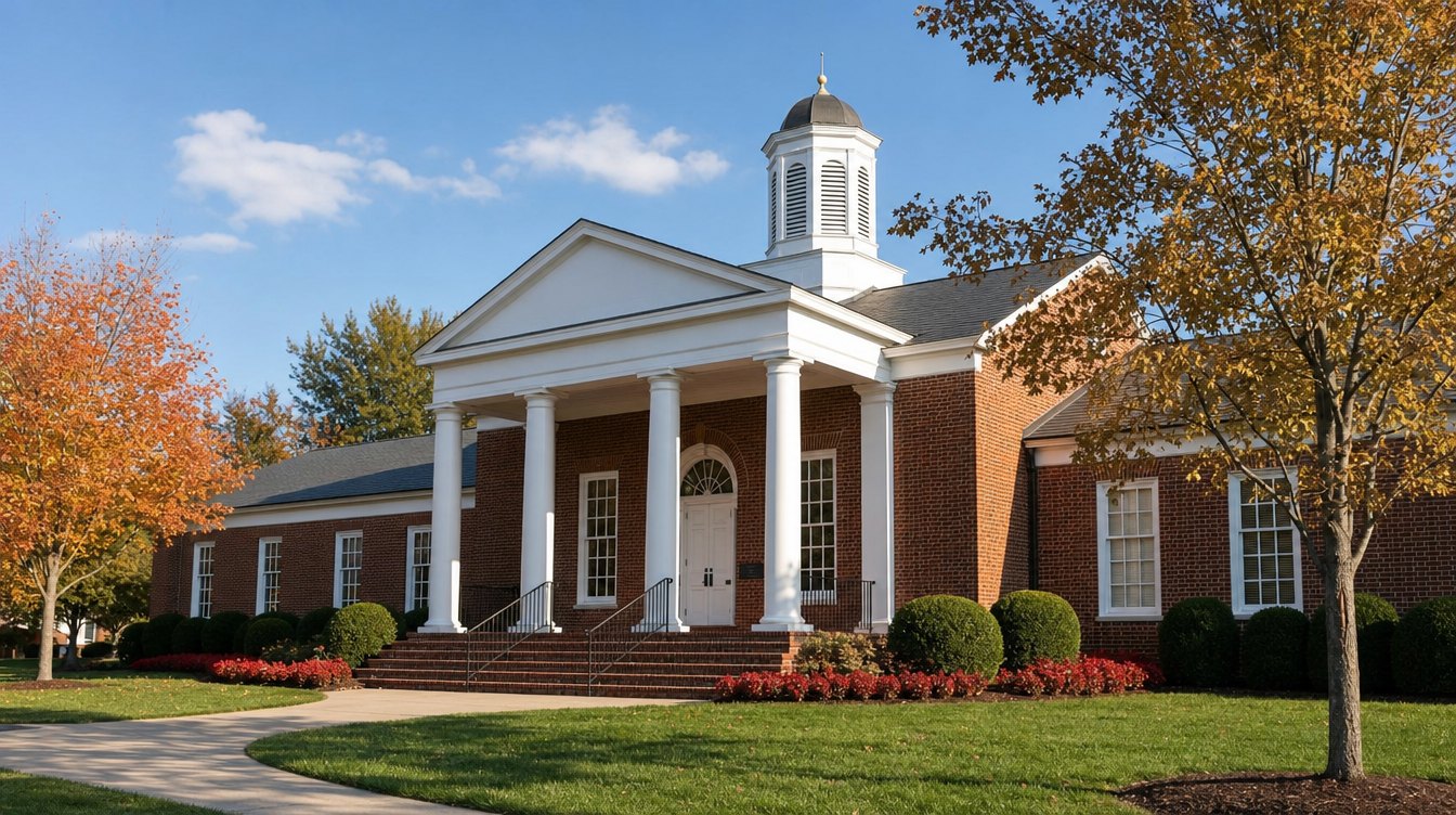 South Riding Town Hall, a red brick colonial building with a white-columned portico and white cupola, among fall trees