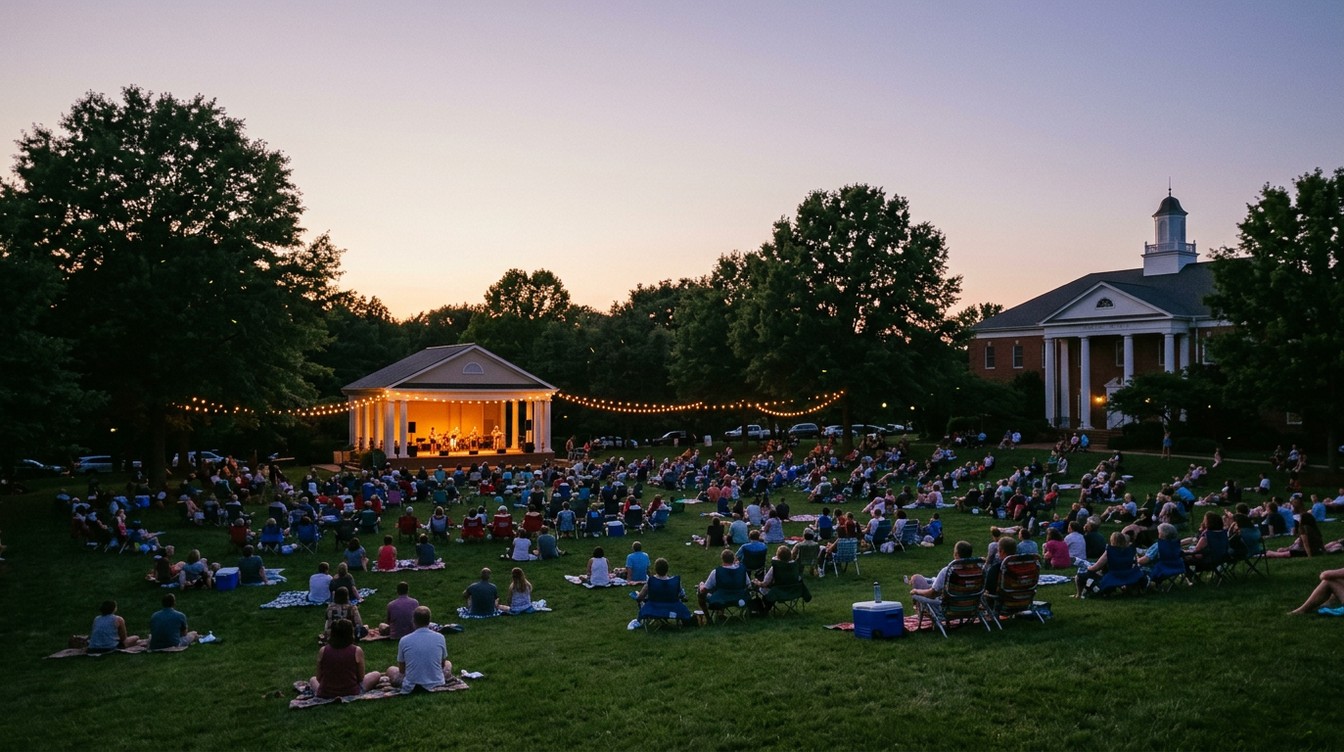 A summer concert at dusk on the Town Green in South Riding, a lit white bandstand under strings of lights, lawn chairs and blankets across the grass and the columned brick Town Hall with its cupola on the right