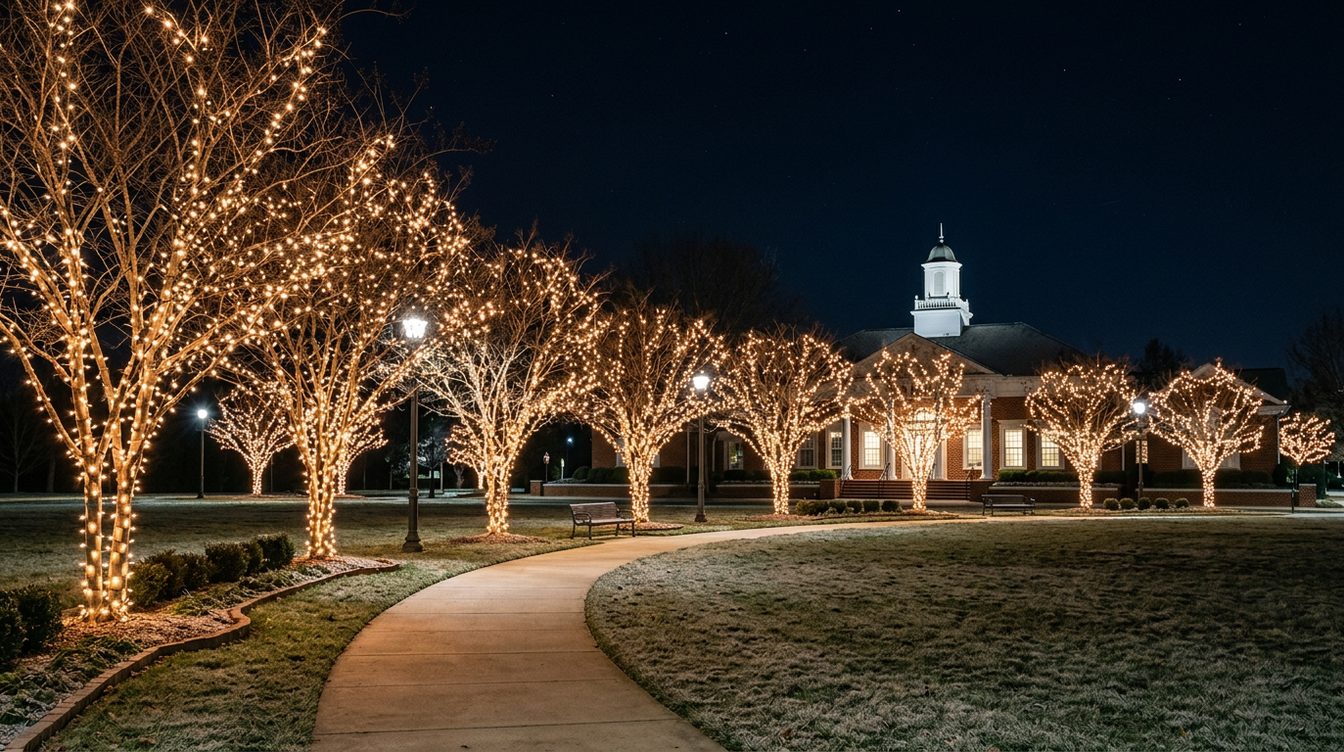 Trees wrapped in warm white lights along a curving path across the Town Green at night in December, with lamp posts, a bench and the lit brick Town Hall with its white cupola behind