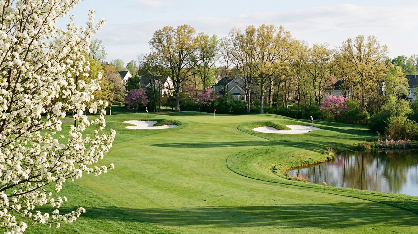 A green fairway curving past white sand bunkers to a flag on the green at South Riding Golf Club in spring, with a pond, a pear tree in white bloom, redbuds and houses among the trees
