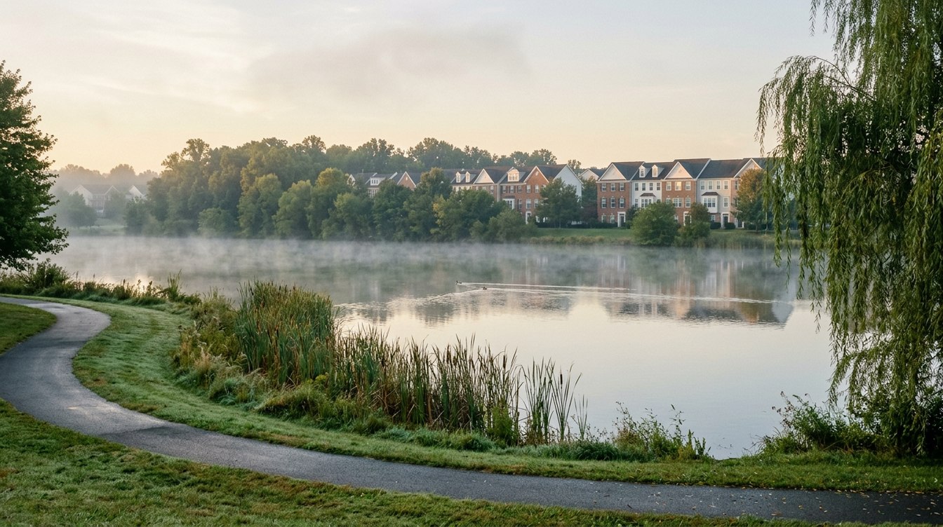 Mist rising off a still South Riding lake at sunrise, with a paved path curving along the reedy shore, a weeping willow and brick-front townhouses across the water