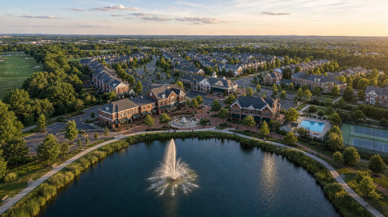 An aerial view of the South Riding Town Center on a June evening, a lake with a tall fountain in front of red-brick buildings with dark green awnings around a plaza, with a pool and tennis courts at the right and neighborhoods beyond