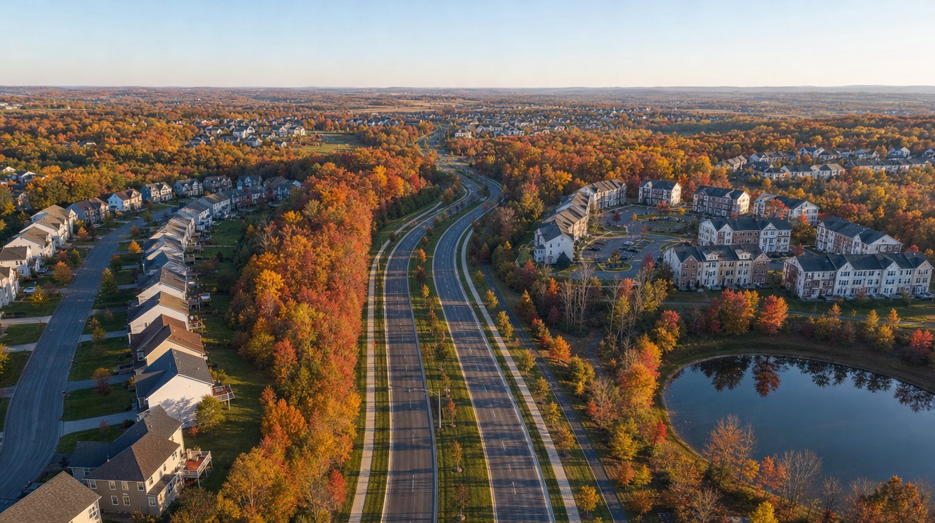 An aerial view over South Riding in late October, a divided parkway curving through woods at peak fall color between a street of colonial houses and rows of townhouses, with a pond at the right