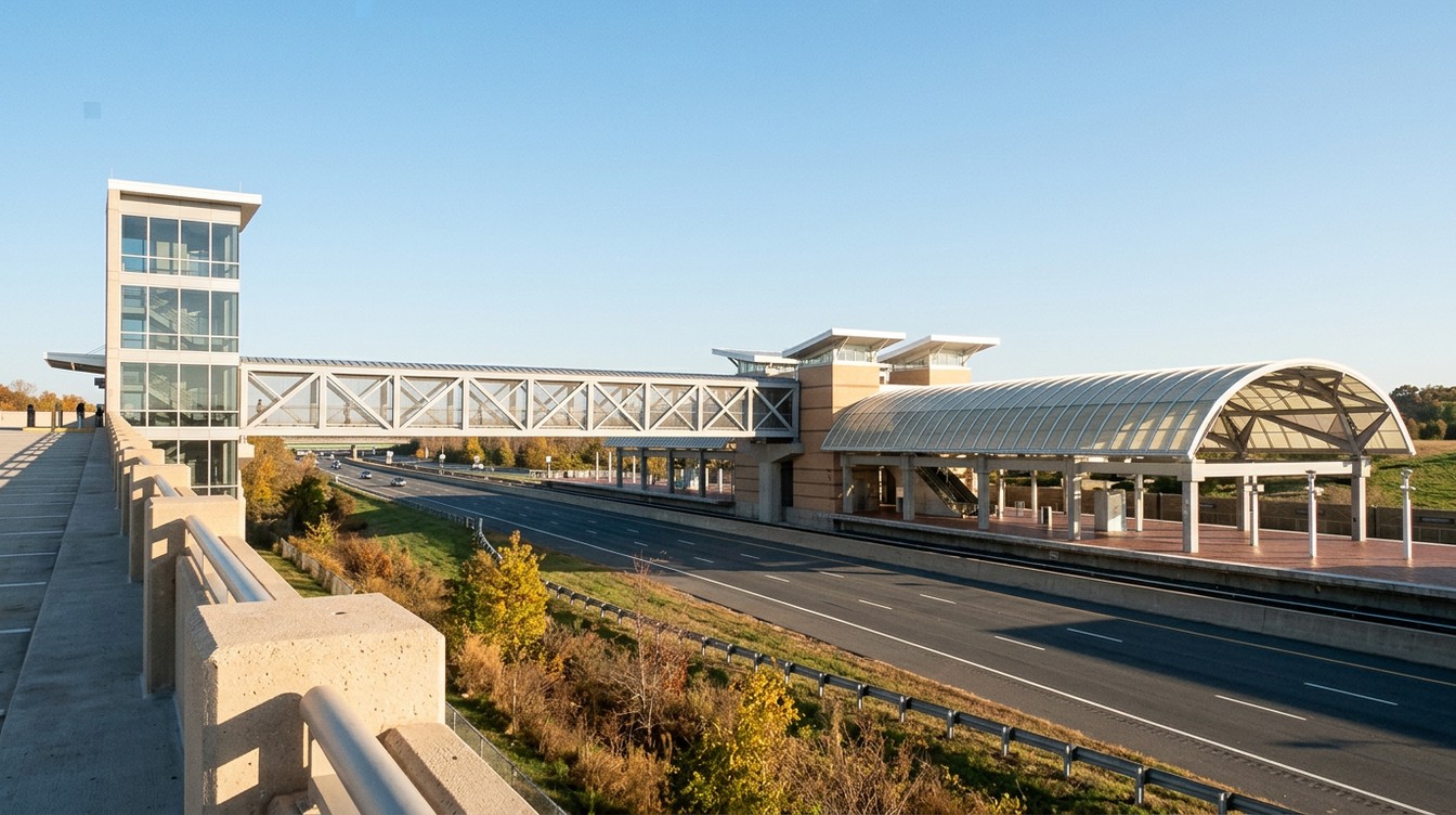 The Loudoun Gateway Metro station on a clear October morning, with its glass stair tower, a silver-gray truss bridge over the Dulles Greenway, buff brick pavilions and an arched platform canopy, and fall color along the highway