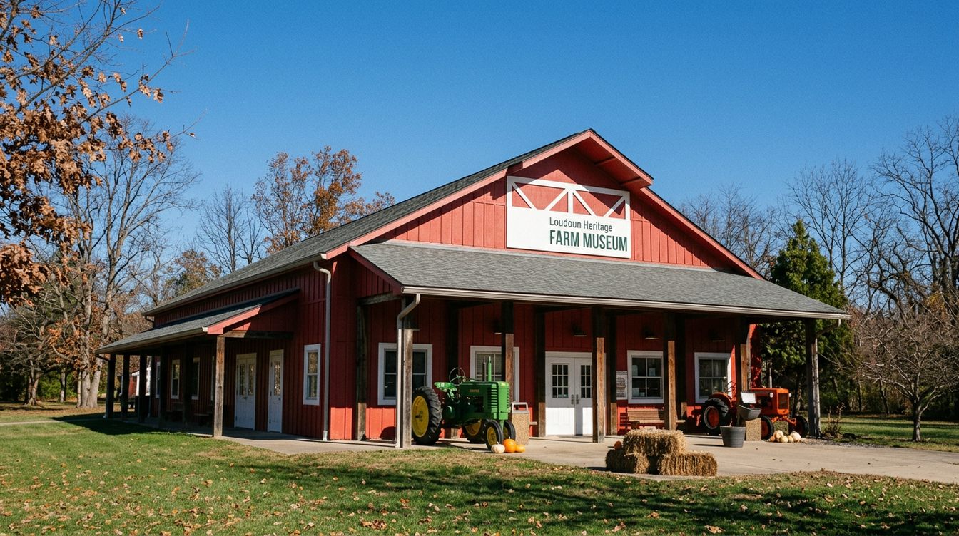 The barn-red board-and-batten Loudoun Heritage Farm Museum in late autumn, with old green and orange tractors, hay bales and pumpkins under its front porch and bare trees around it