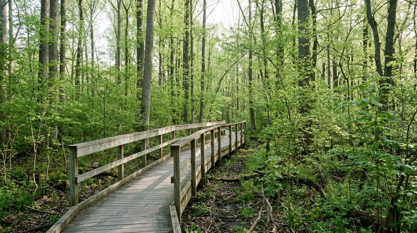 A weathered gray boardwalk with wooden rails bending through tall woods in fresh spring leaf, over damp ground