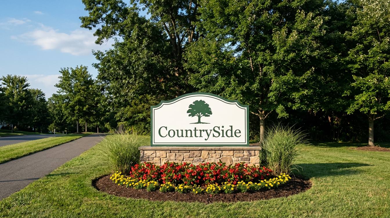 The white CountrySide entrance sign with a green border and a drawing of a tree, on a fieldstone base behind a bed of red begonias edged in yellow, with ornamental grasses, a path and big shade trees in late summer