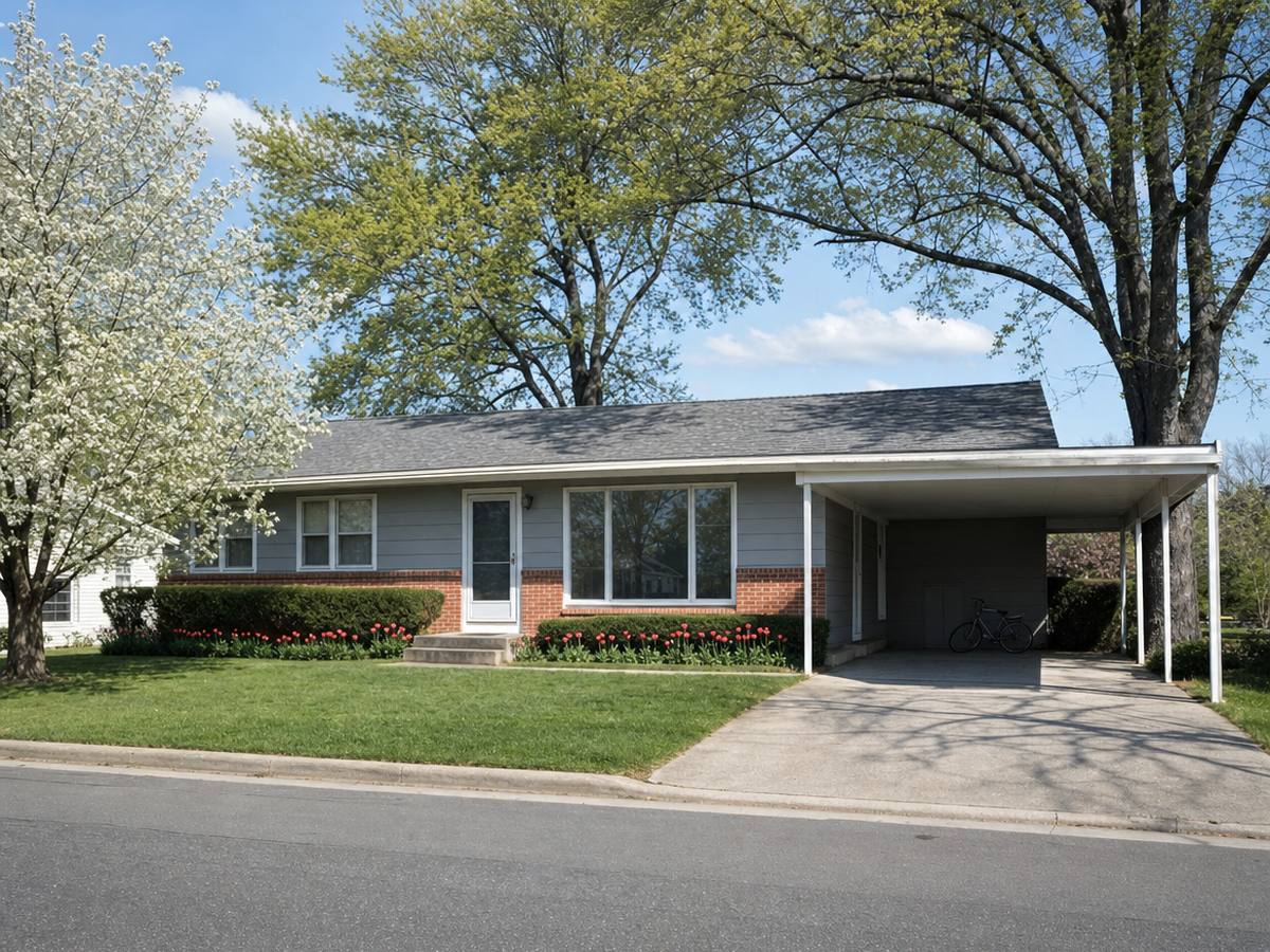 A one-story 1960s rambler with gray siding, a red-brick lower band and an open carport, beside a flowering pear tree on a spring morning.
