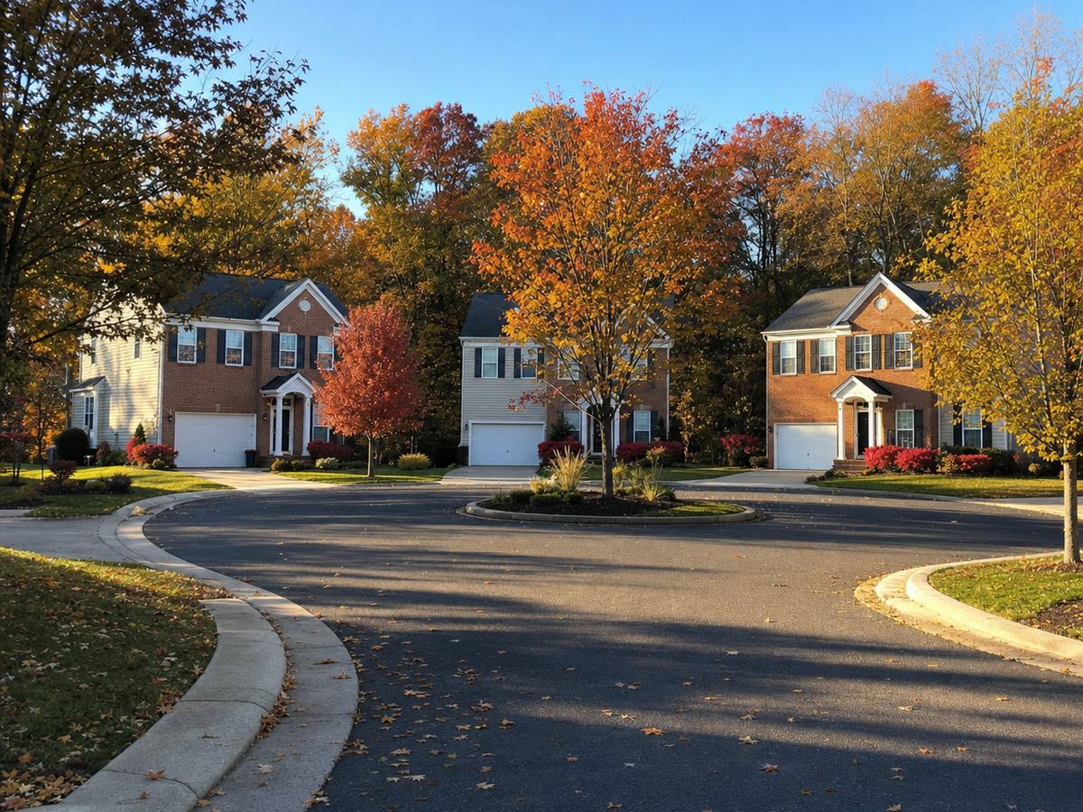 Brick-front colonial houses with two-car garages around a cul-de-sac with a planted island, framed by orange and red fall trees.