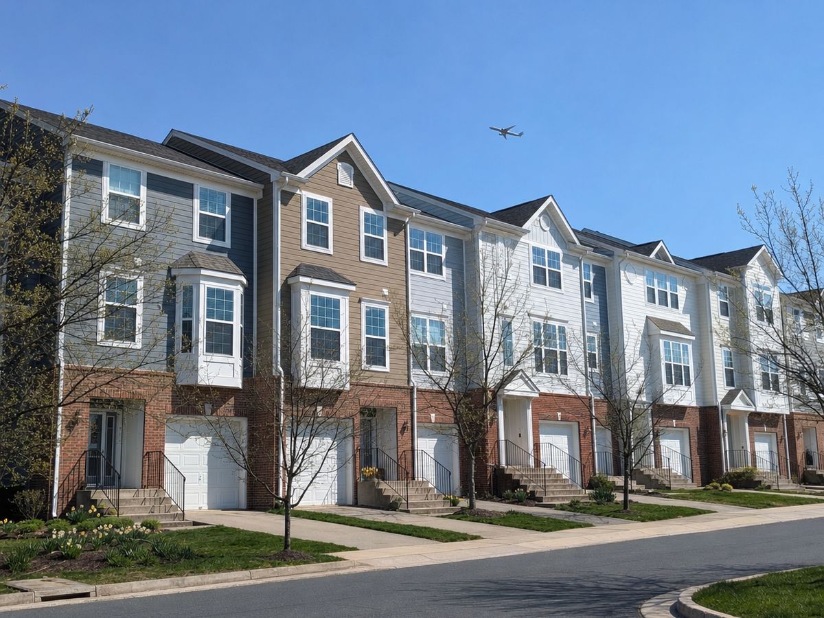 A curving row of three-level townhouses with brick ground floors and colored siding, with a small jet high in a clear spring sky.
