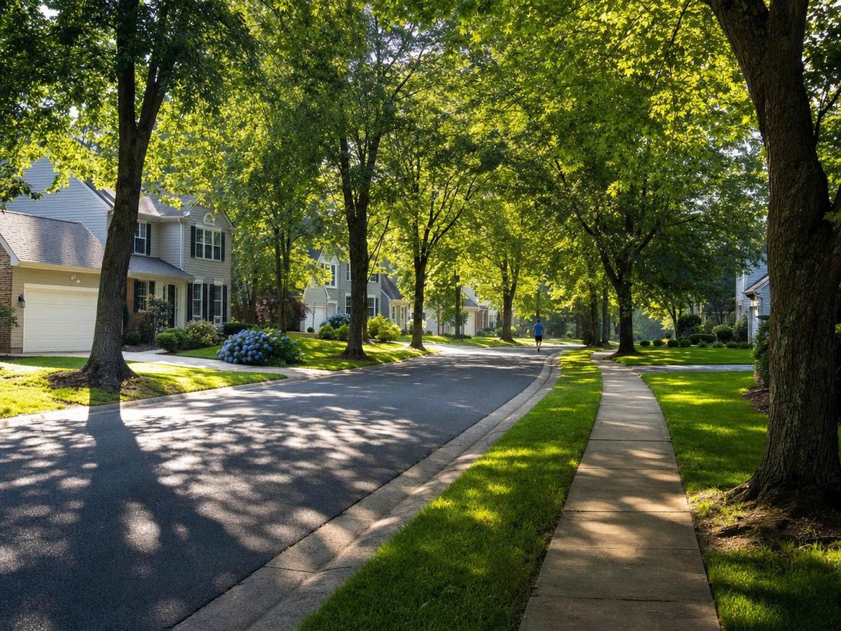 A curving suburban street and sidewalk under tall summer shade trees, with colonial houses and blue hydrangeas on the left.