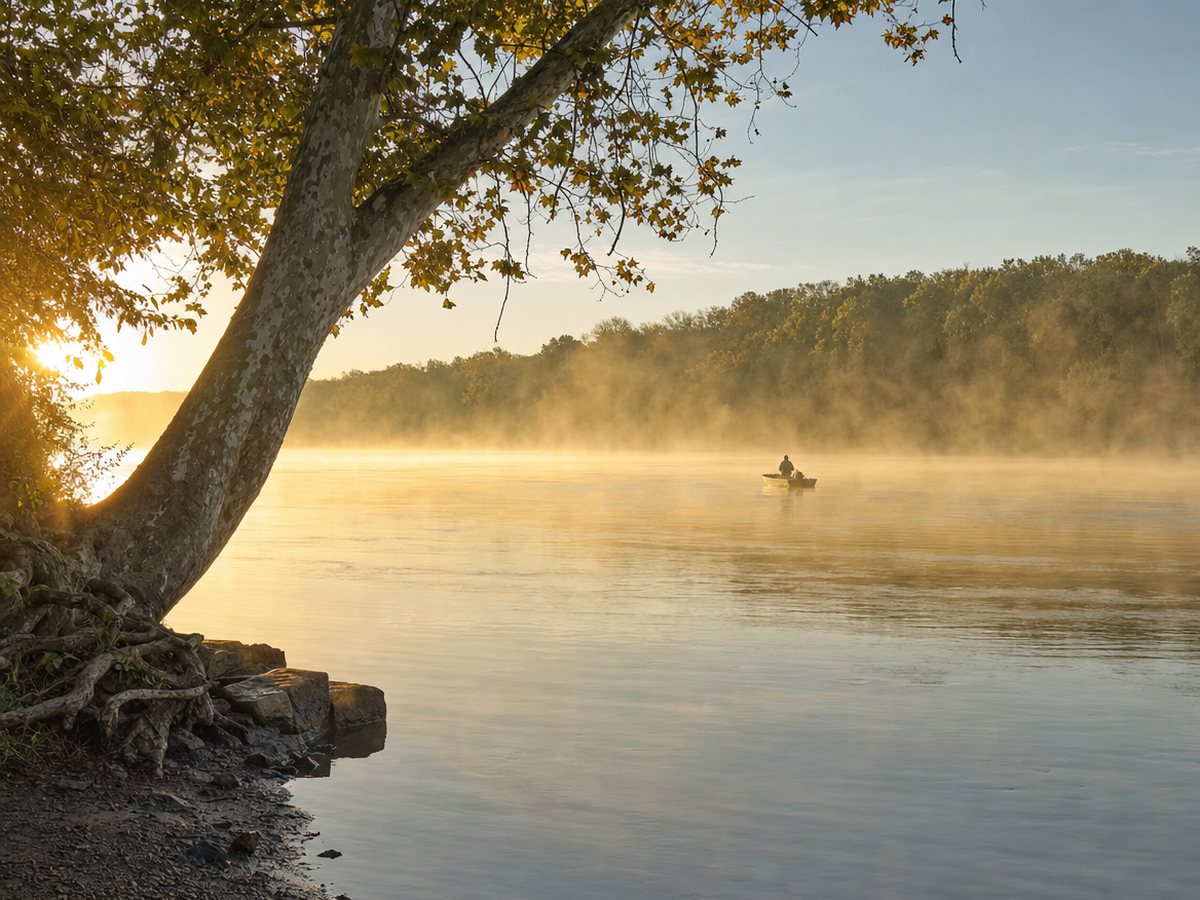 A leaning sycamore over the wide Potomac River at sunrise, with golden mist on the water and a small fishing boat far out.