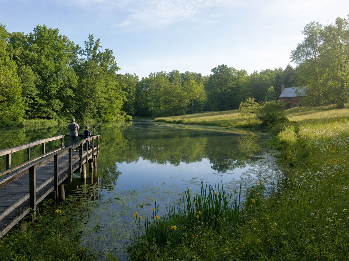 A wooden fishing dock on a calm, tree-lined pond with yellow irises, a green meadow and an old brick farm building behind.