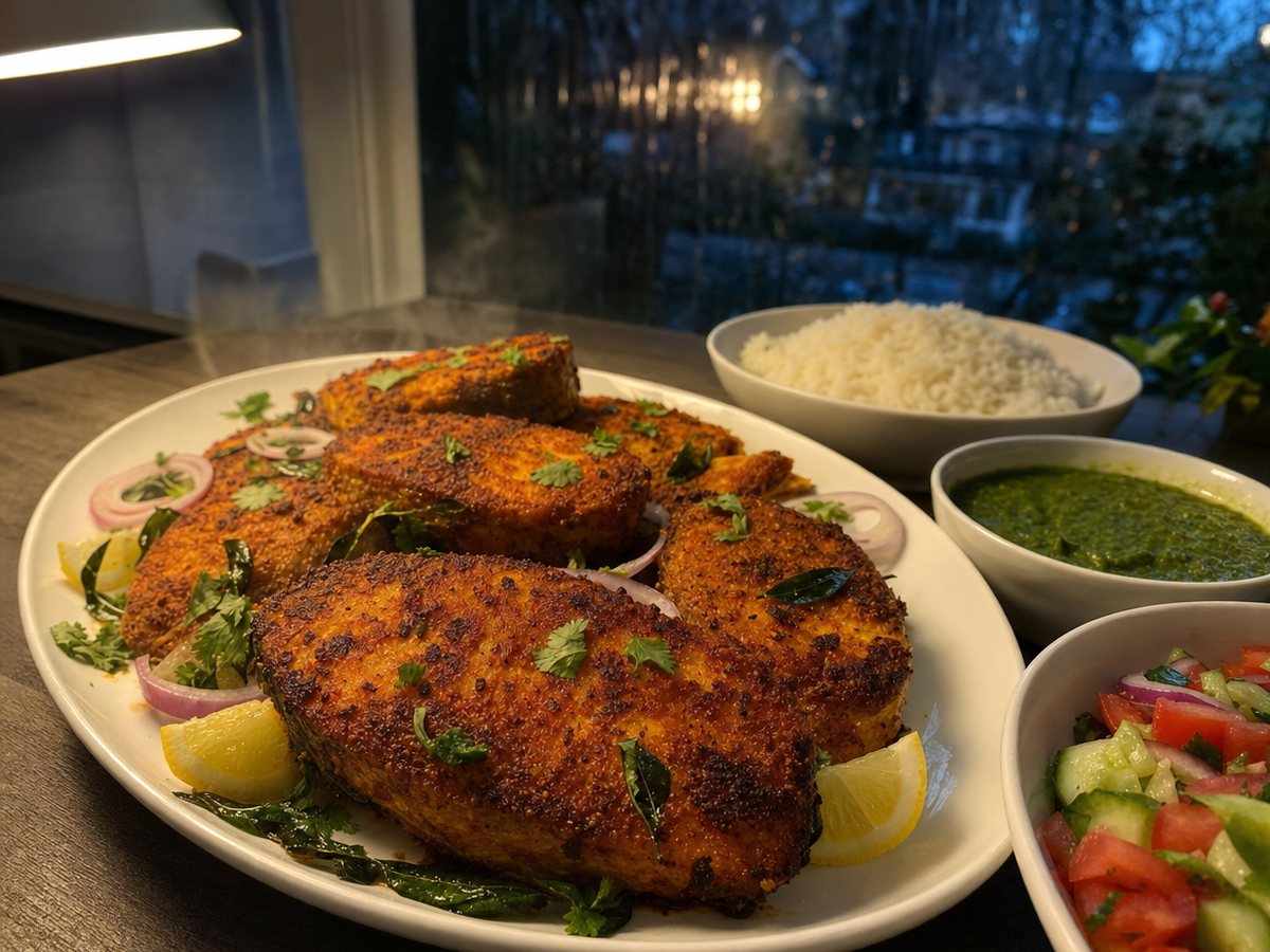 A platter of crisp masala fried fish steaks with lemon wedges and red onion, beside green chutney, rice and salad by a rainy window.