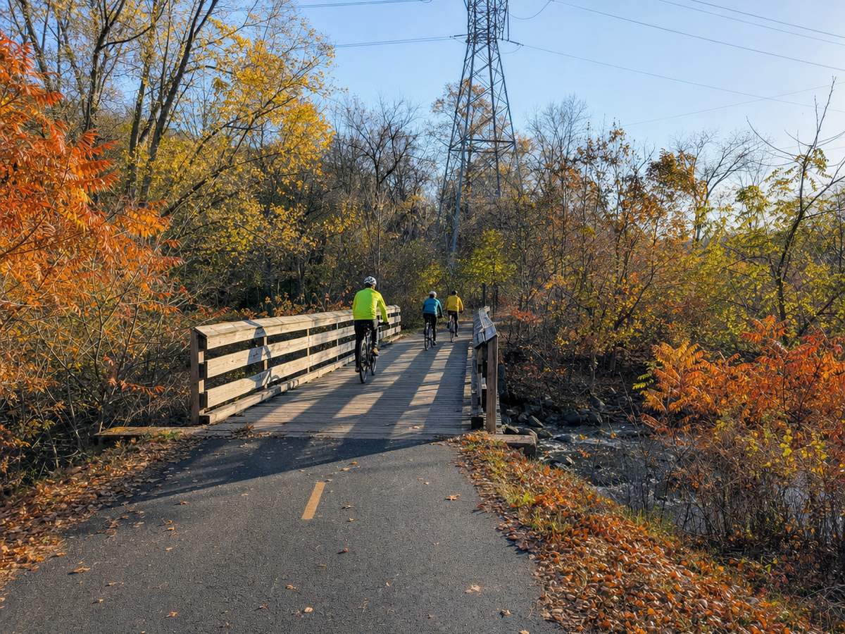 Three cyclists riding away over a wooden trail bridge among orange and yellow fall trees, with a power-line tower behind.
