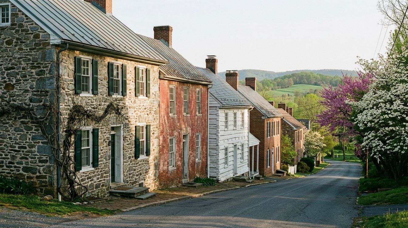 Old stone, brick and white clapboard houses standing shoulder to shoulder down Lower Main Street in Waterford in spring, with metal roofs and brick chimneys, a dogwood and a redbud in bloom and green hills at the bottom of the lane