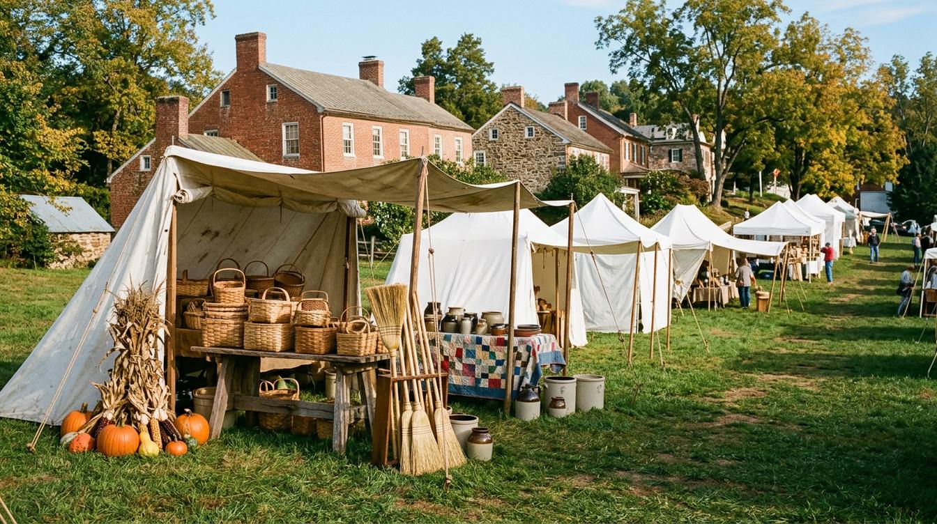 Canvas craft tents of the Waterford Fair on the village meadow in October, the nearest one hung with woven baskets above stoneware crocks, brooms, a quilt and pumpkins, with brick and stone houses of the village behind