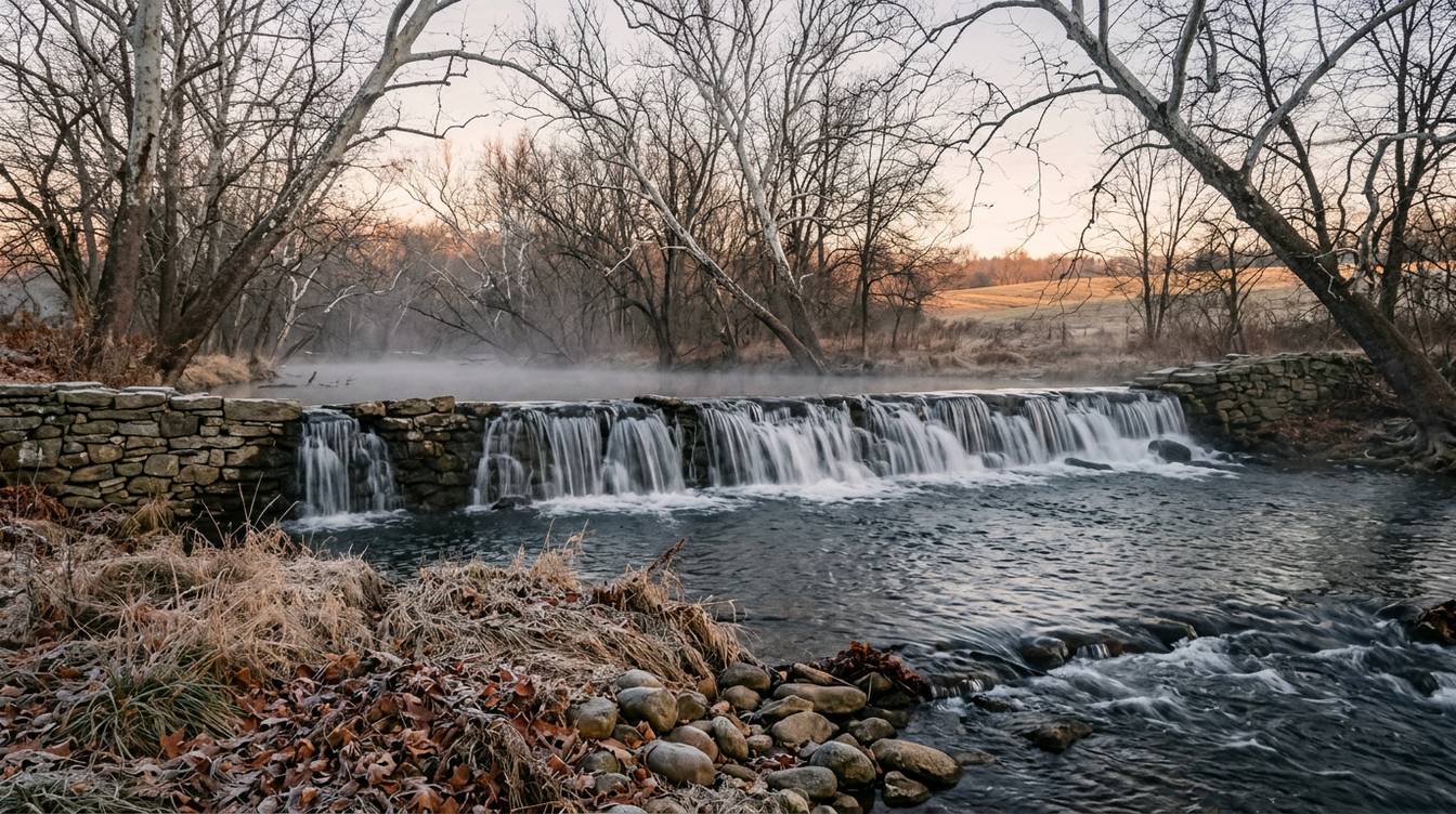 Water spilling over the old dry-stone mill dam on Catoctin Creek near Waterford on a frosty, misty morning, with sycamores and bare trees along the banks and a tan field beyond