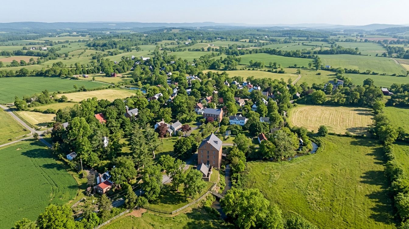 The village of Waterford from the air in May, old houses among big trees around the brick mill, with green and gold fields and woodlots rolling away on every side
