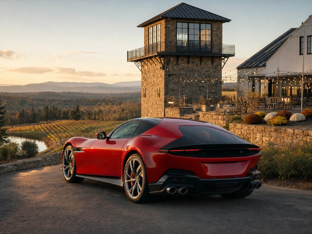 سيارة Ferrari 12Cilindri على الطريق المؤدي إلى مصنع نبيذ ستون تاور على جبل هوغباك قرب ليسبرغ