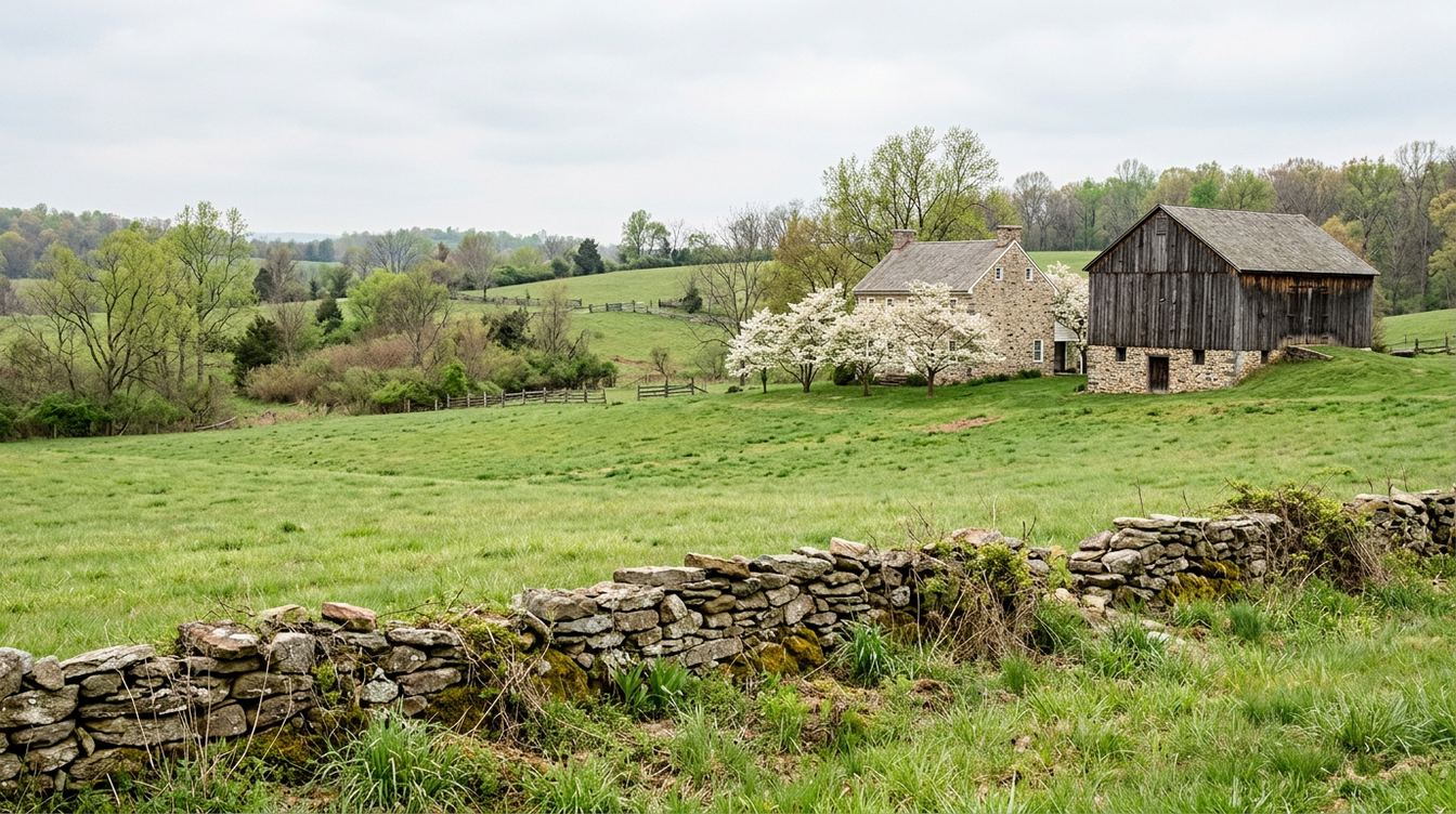An early-1800s fieldstone farmhouse and a stone and timber bank barn among blossoming dogwoods, across a green pasture with a dry-stacked stone wall in front
