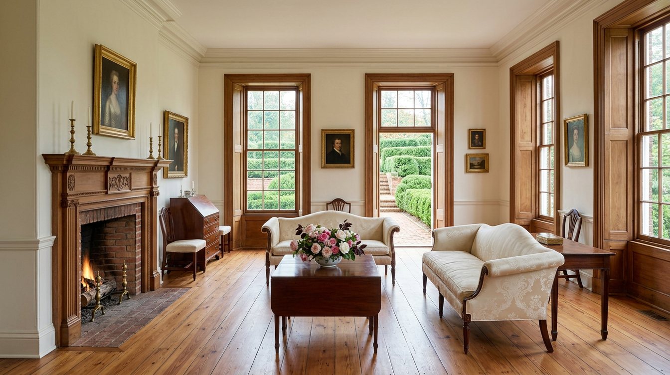 A Federal-style drawing room with tall paneled windows onto boxwood gardens, a carved wooden mantel with a fire, pale silk sofas, a mahogany table with garden roses and wide heart pine floors