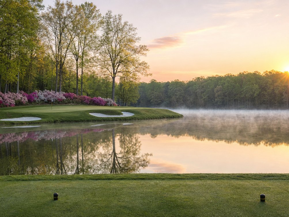 A peninsula green across a lake at sunrise