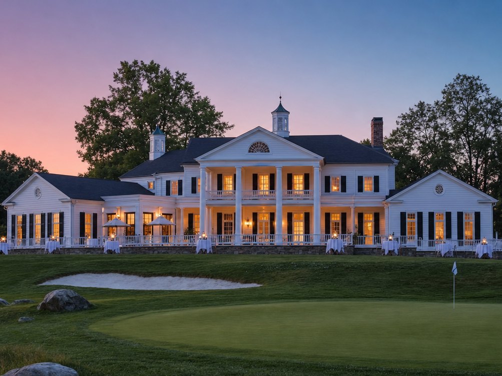 A clubhouse terrace at dusk above the final green