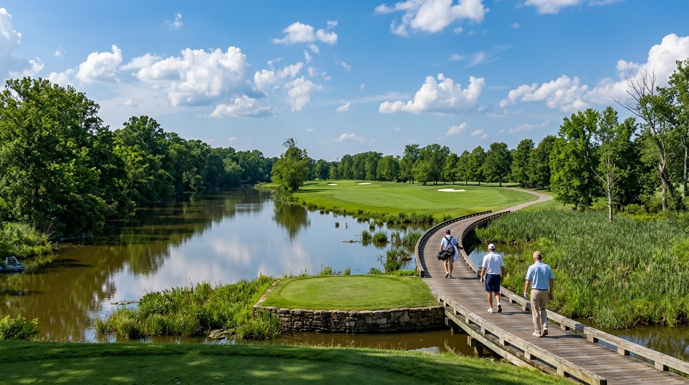 Three golfers walk a curving wooden boardwalk over a still river channel past a stone-edged island tee, toward a fairway under a summer sky