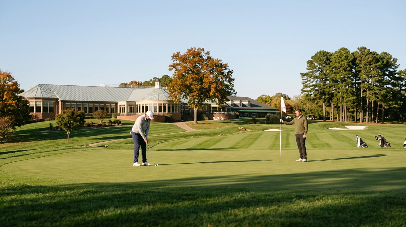 A golfer putts while his partner tends the flag on a green below a long brick clubhouse, with orange oaks and tall pines on an October afternoon