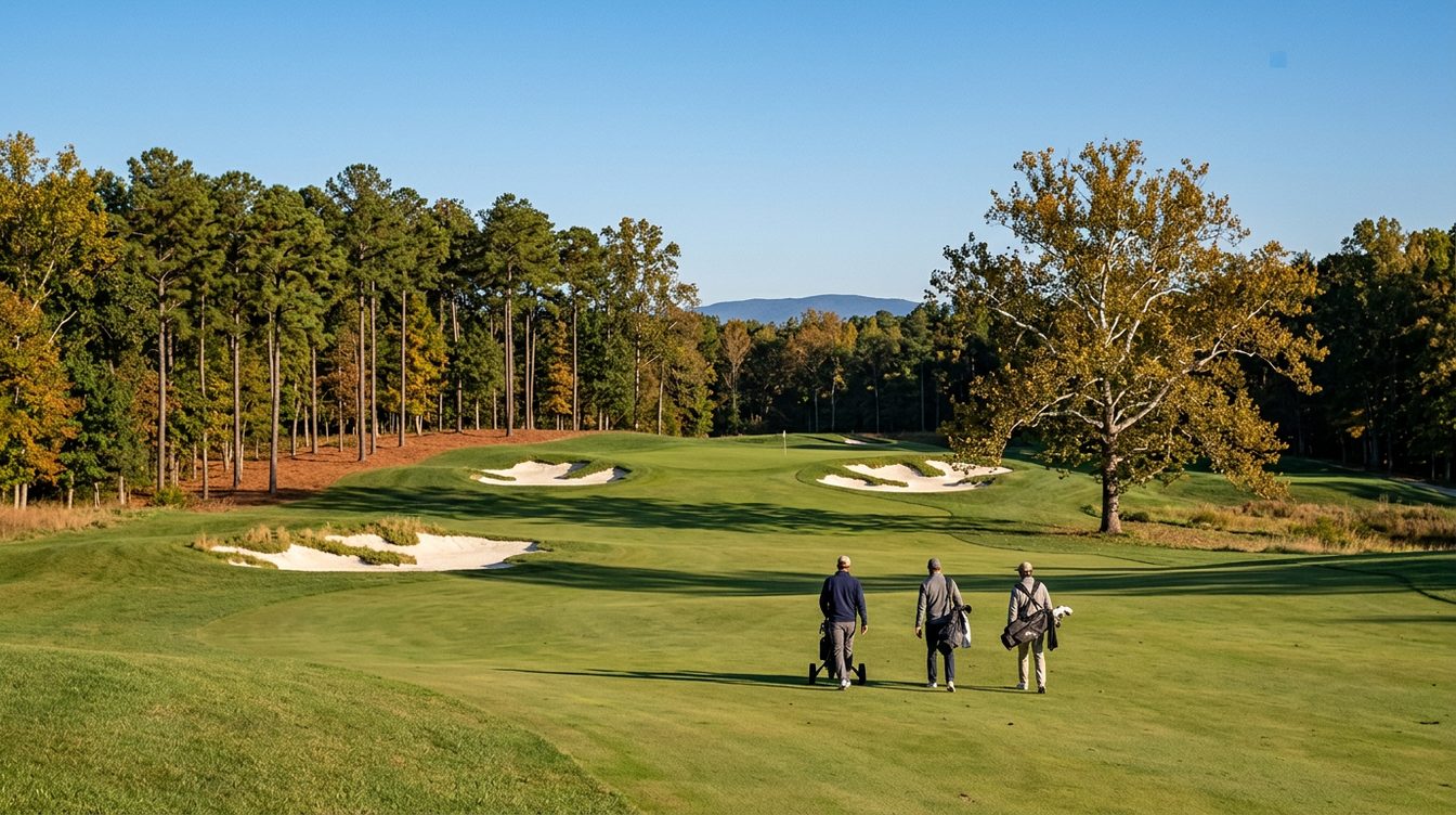 Three golfers walk up a wide fairway past white-sand bunkers and a lone sycamore, with tall pines and a blue ridge behind on an early autumn afternoon