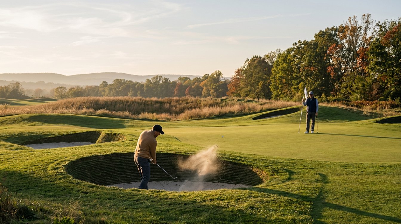 A golfer splashes sand out of a deep sod-walled bunker toward a green where his partner holds the flag, with tan grasses and turning trees in late-afternoon light