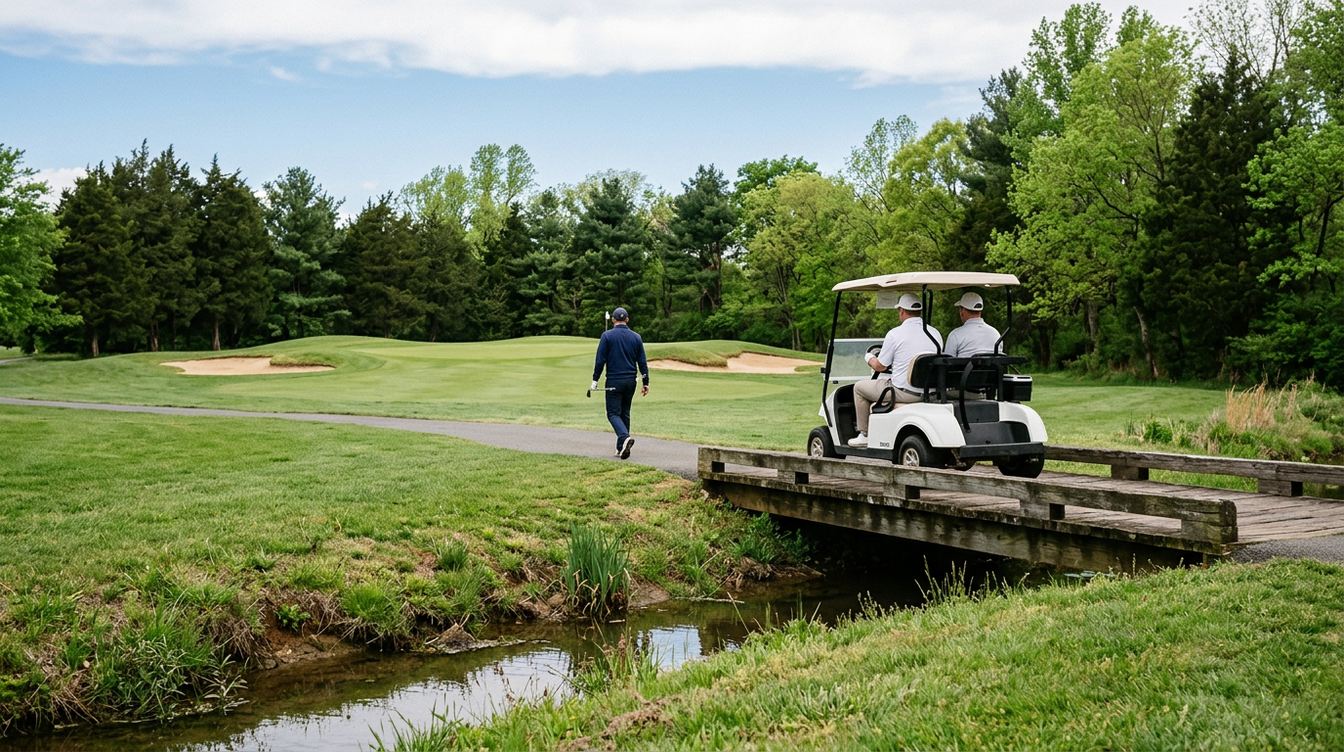 A white golf cart with two golfers crosses a wooden bridge over a small creek while a third golfer walks the cart path toward a green with two bunkers in late spring