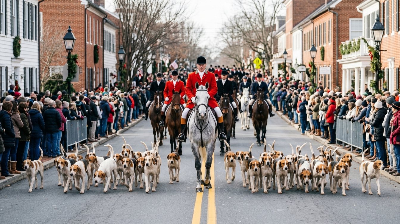 The huntsman in a scarlet coat on a grey horse leading masters, riders and a wide pack of white and tan foxhounds down a street lined with red-brick buildings, wreaths, lantern street lamps and crowds behind metal barriers