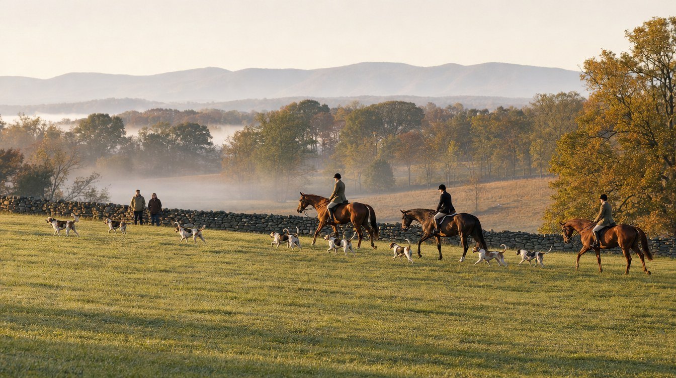 Riders in tweed coats and a pack of white and tan foxhounds crossing a misty pasture at sunrise, beyond a fieldstone wall and a grey board fence, with wooded ridges behind