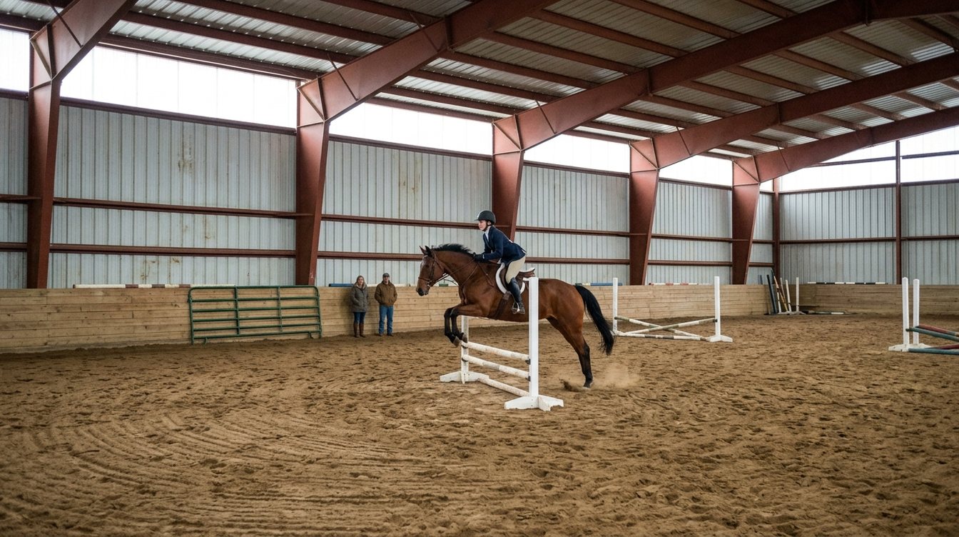 A rider in a navy jacket jumping a bay horse over a white-poled fence inside a large indoor arena with rust-red steel frames, galvanized metal walls and a band of clerestory light